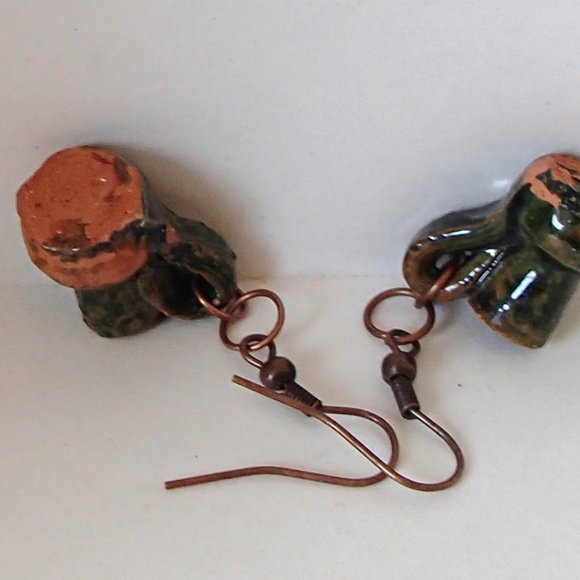 Terracotta Mexico Pottery OoaK Earrings Mini Glazed Handmade Copper Wires Rings - Picture 7 of 14